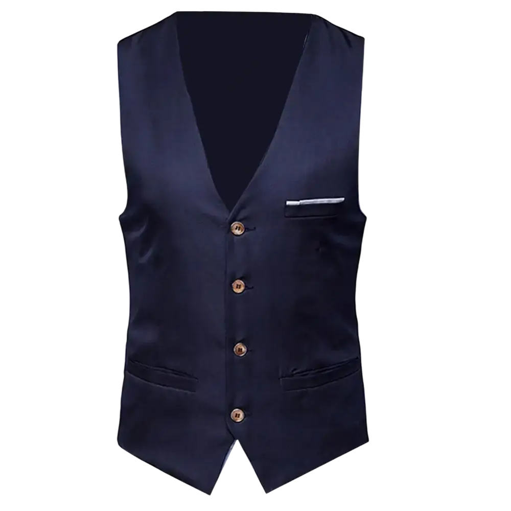 Men slim fit formal suit vest in navy blue satin with gold toned buttons and a single breast pocket