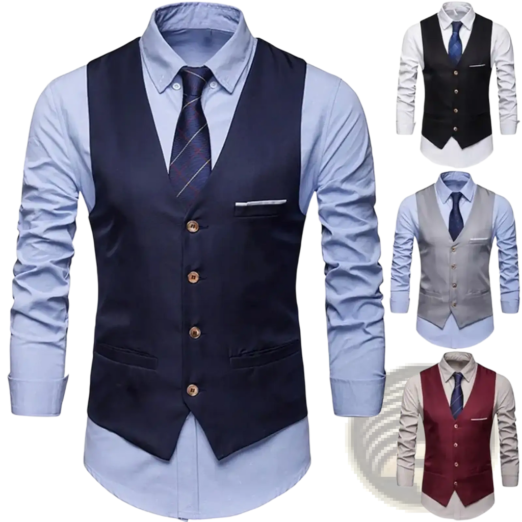 Men slim fit formal suit vest in navy blue with wooden buttons and matching pocket square for elegant occasions