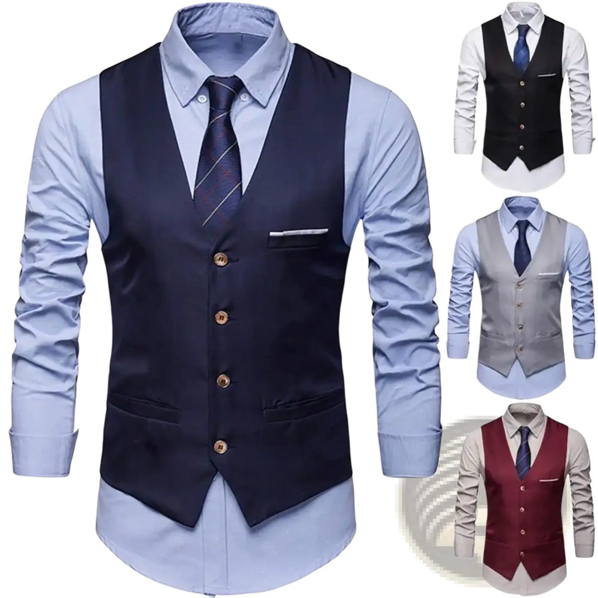 Men slim fit formal suit vest in navy blue with wooden buttons and matching pocket square for elegant occasions