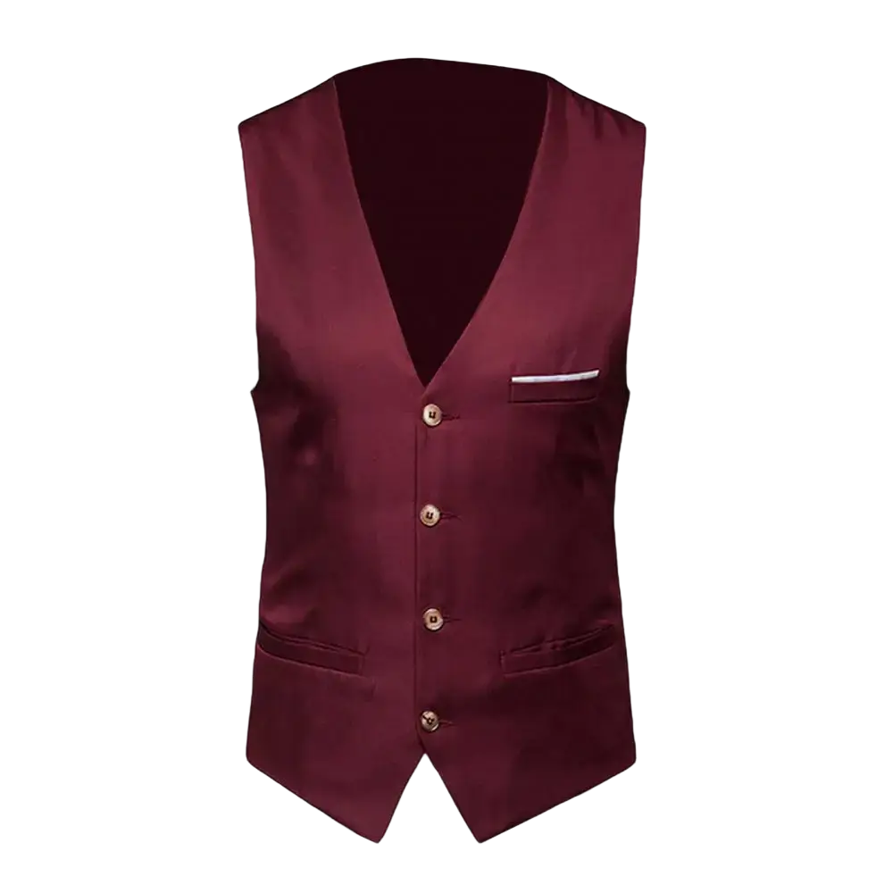 Men slim fit formal suit vest in sleek burgundy satin with v-neckline and four matching front buttons