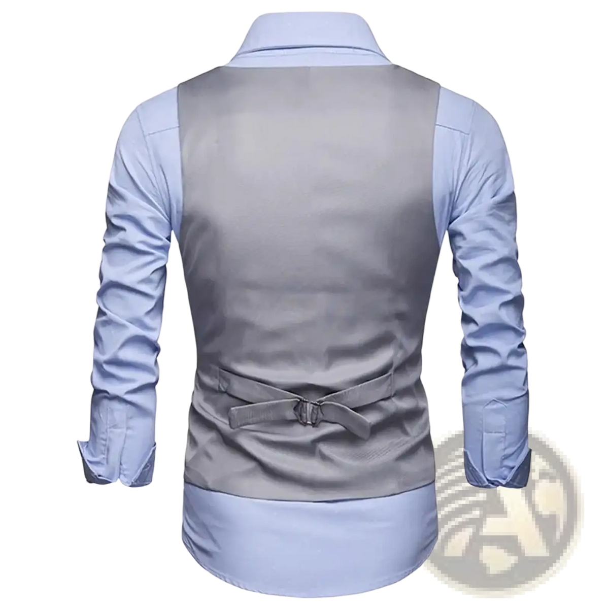 Men slim fit formal suit vest in sleek light gray satin with matching belt worn over pale blue dress shirt
