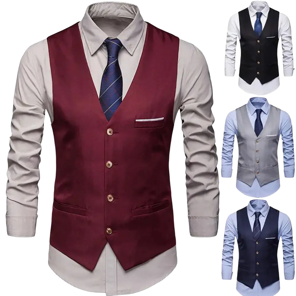 Men slim fit formal suit vest in sleek maroon satin with gold toned buttons and matching pocket square