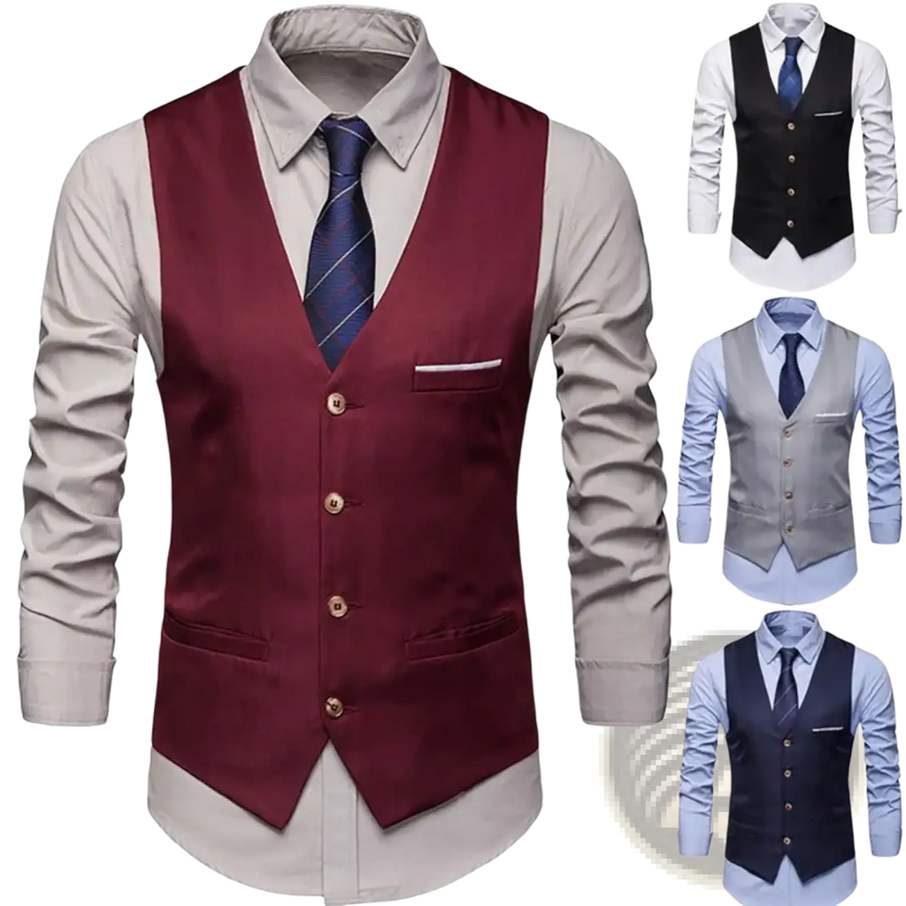 Men slim fit formal suit vest in sleek maroon satin with gold toned buttons and matching pocket square