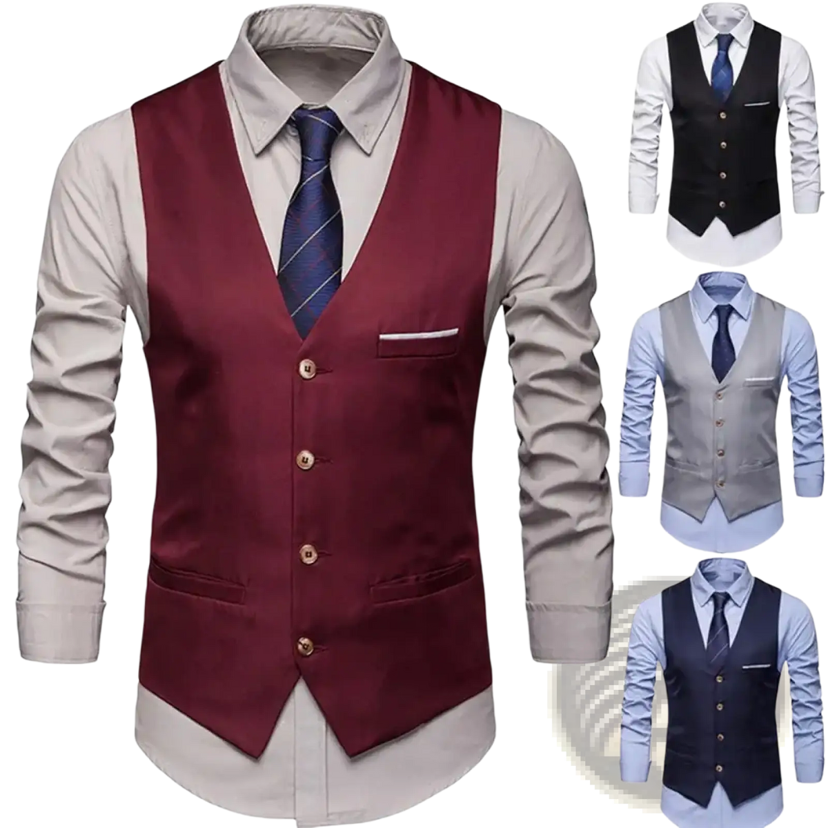 Men slim fit formal suit vest in sleek maroon satin with gold toned buttons and matching pocket square