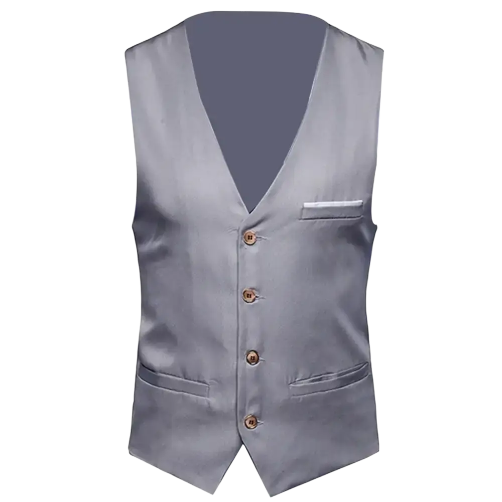 Men slim fit formal suit vest in silver-gray satin with v-neckline and four matching wooden buttons