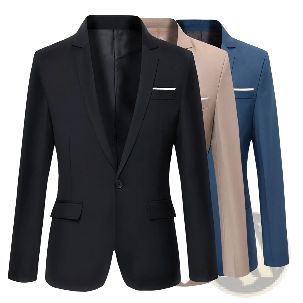 Men slim fit fuchsia casual blazer in black with a sleek tailored fit and contrasting white pocket square