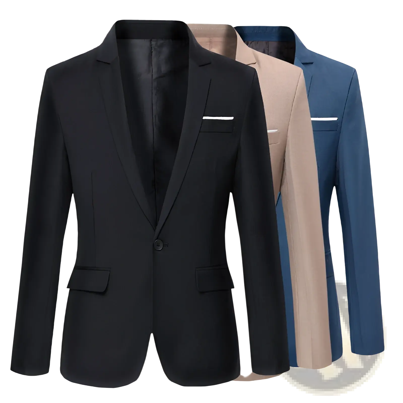 Men slim fit fuchsia casual blazer in black with a sleek tailored fit and contrasting white pocket square