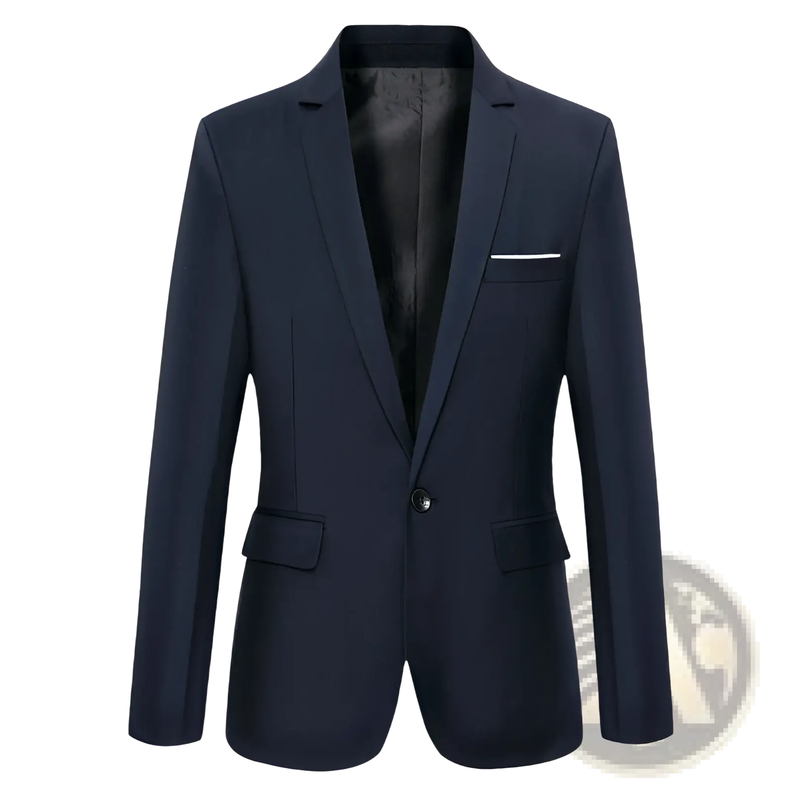 Men slim fit fuchsia casual blazer in navy blue with single button closure and white-trimmed breast pocket