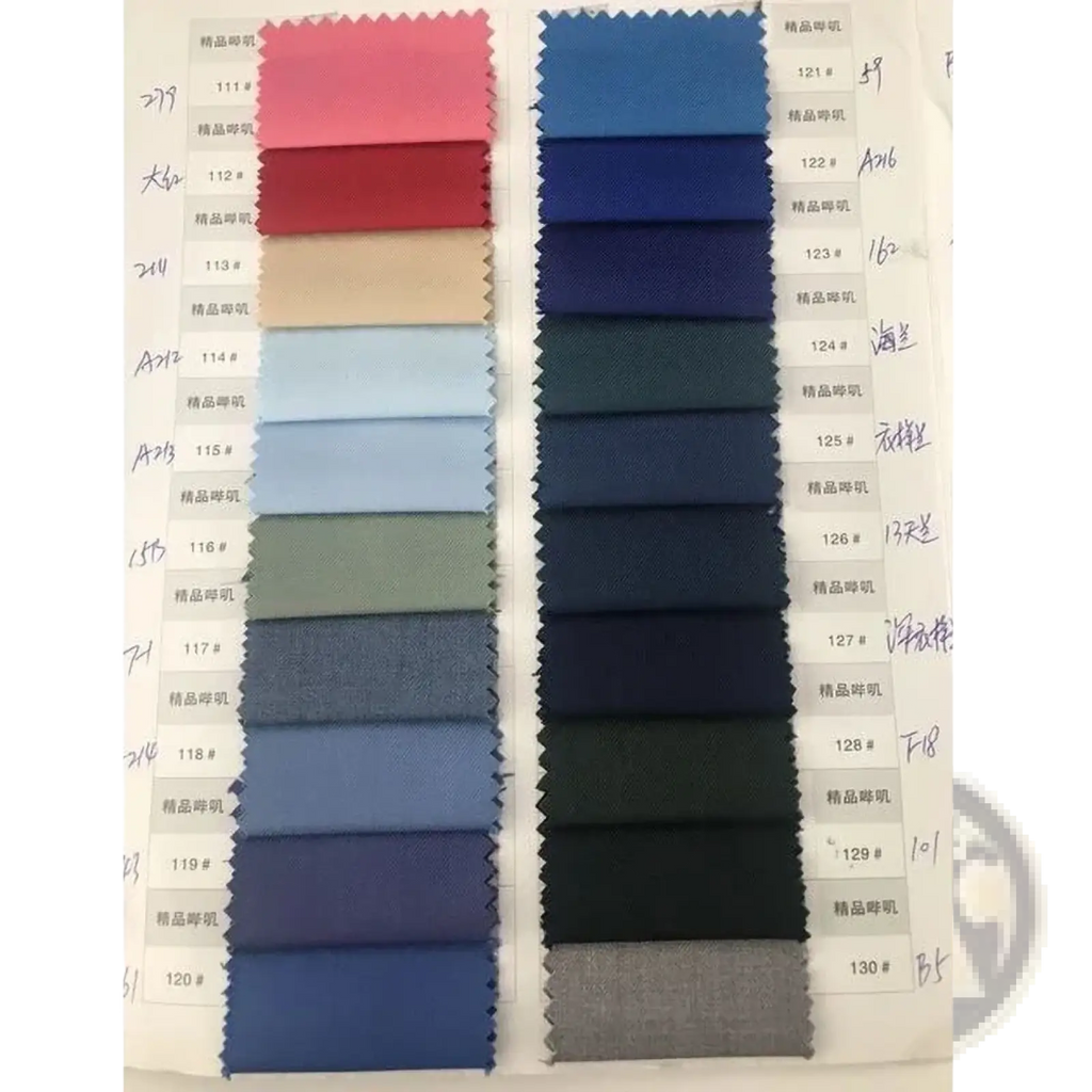 A collection of fabric swatches in various colors and textures for a men slim fit gray business suit set