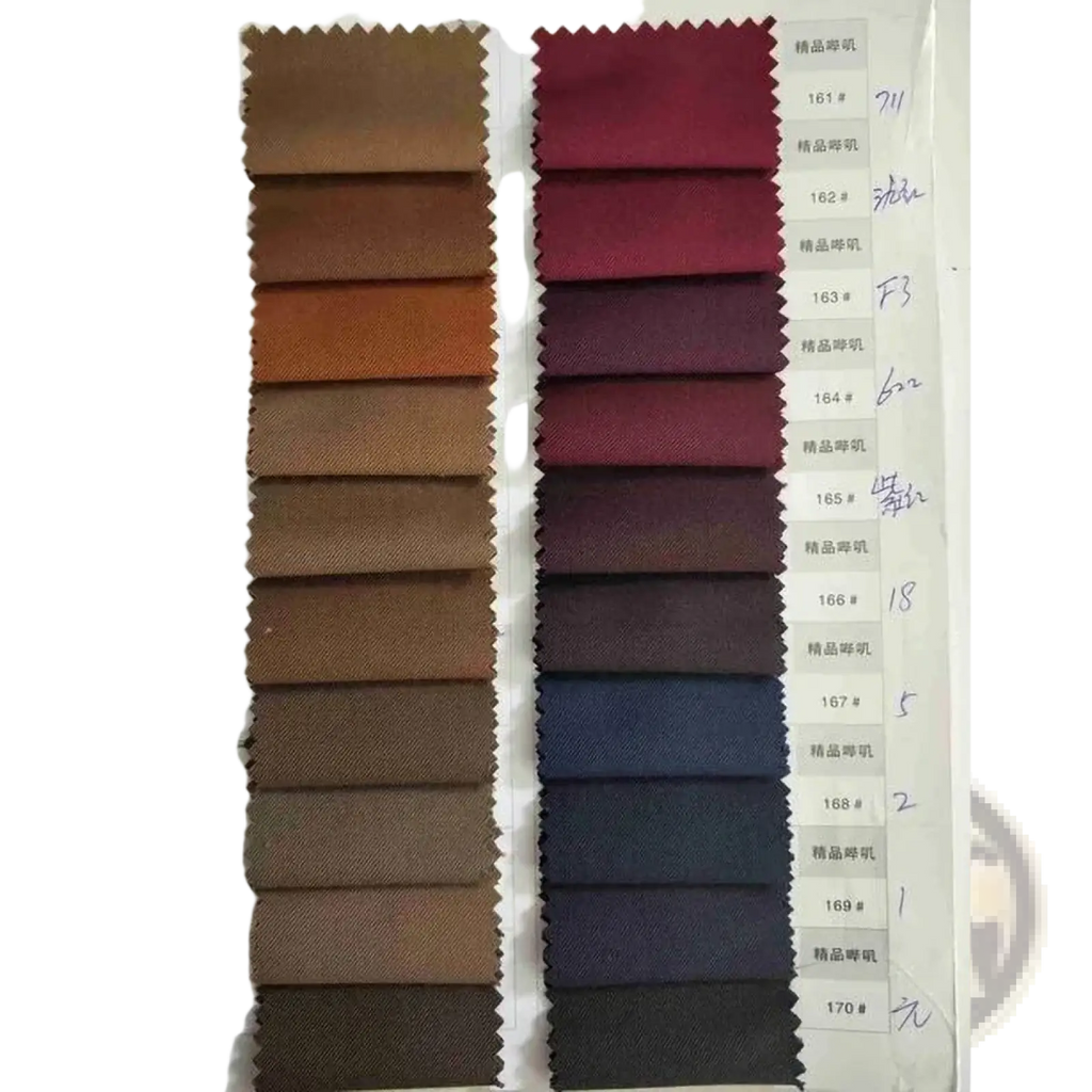 A collection of fabric swatches in earthy tones with labeled color codes for men slim fit gray business suit set materials