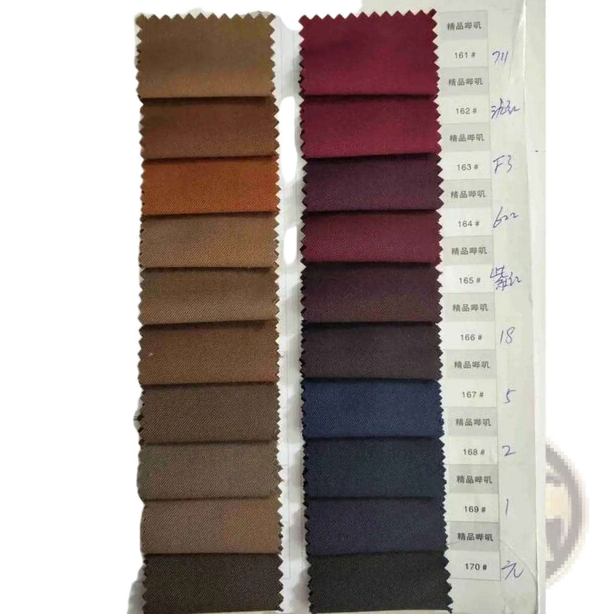 A collection of fabric swatches in earthy tones with labeled color codes for men slim fit gray business suit set materials