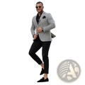 A man wearing a men slim fit gray business suit set with a light gray blazer over black dress pants and suede loafers