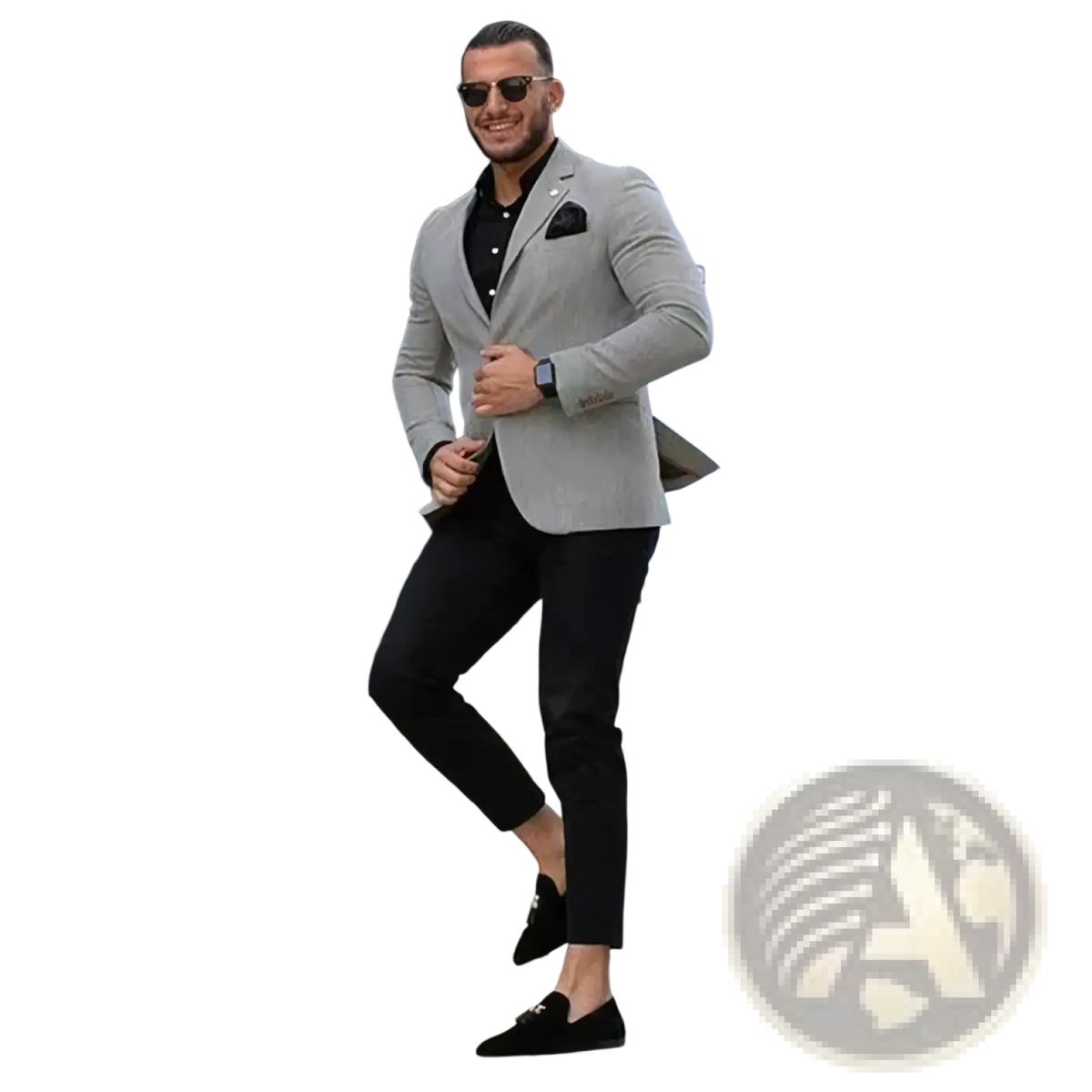 A man wearing a men slim fit gray business suit set with a light gray blazer over black dress pants and suede loafers