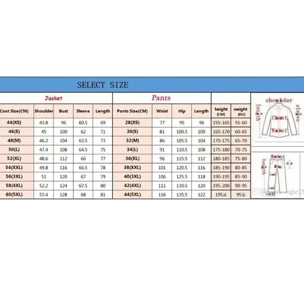 Size selection chart for men slim fit gray business suit set showing jacket and pants measurements in centimeters from XS to XXL