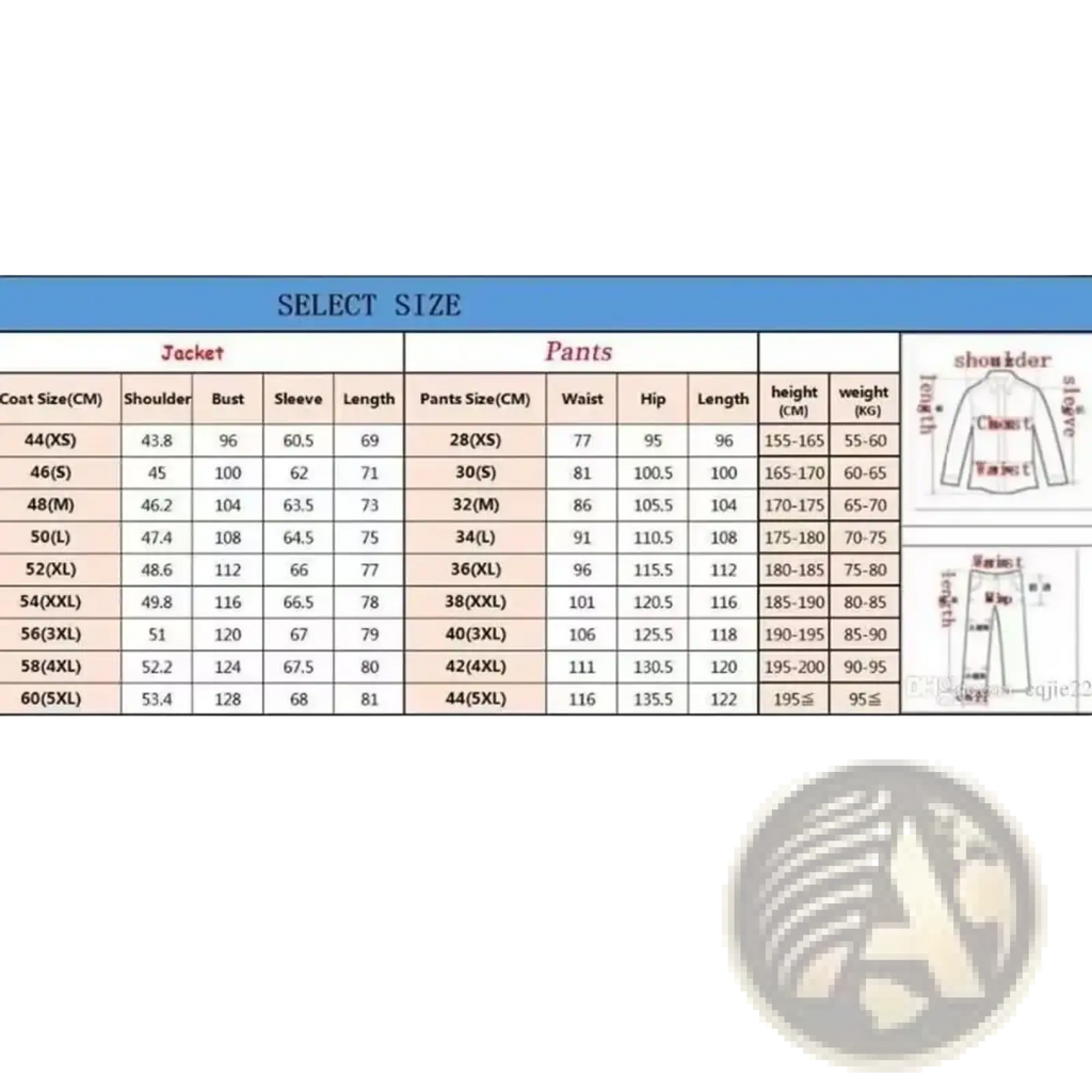 Size selection chart for men slim fit gray business suit set showing jacket and pants measurements in centimeters from XS to XXL