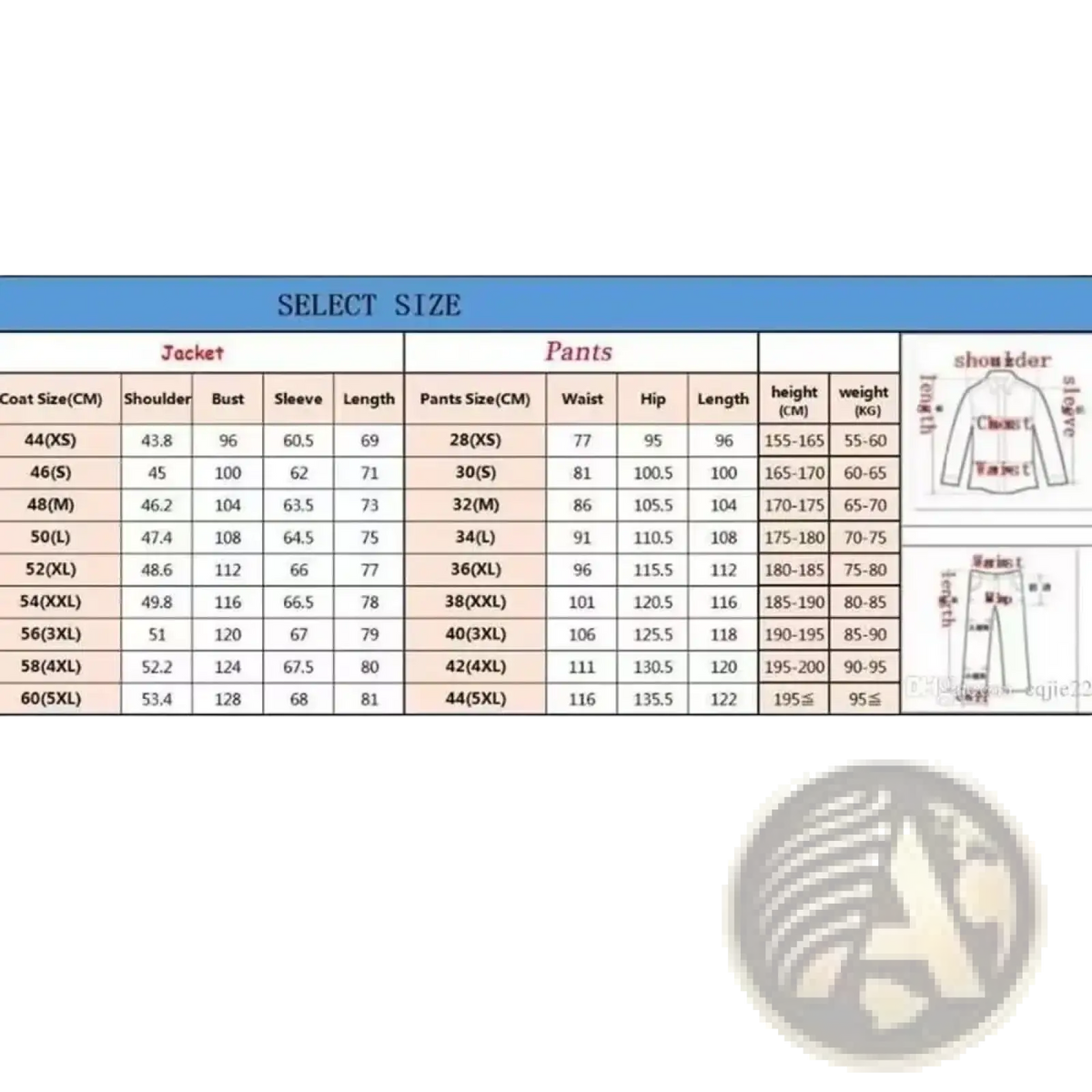 Size selection chart for men slim fit gray business suit set showing jacket and pants measurements in centimeters from XS to XXL