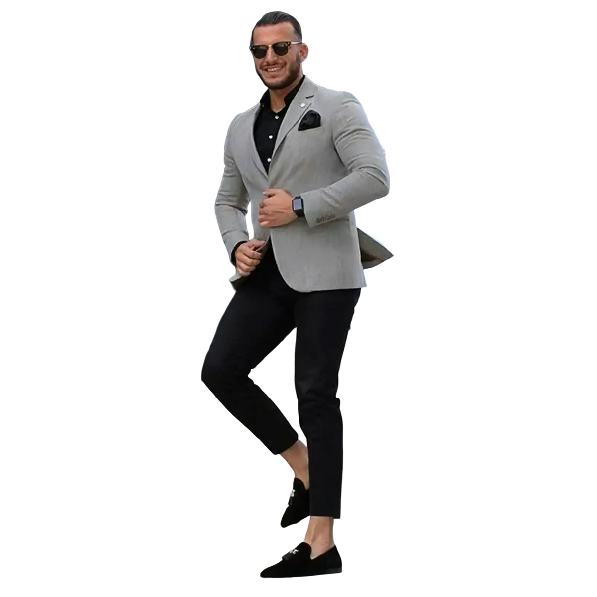 Men slim fit gray business suit set paired with sleek black suede loafers featuring subtle metallic vamp accent