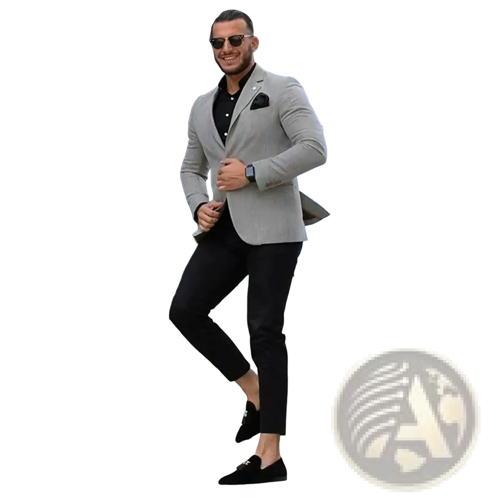 Men slim fit gray business suit set paired with sleek black suede loafers featuring subtle metallic vamp accent