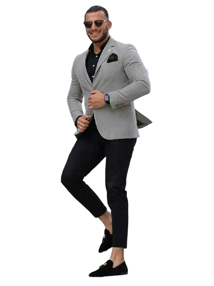 Men slim fit gray business suit set featuring a sleek blazer with subtle textured weave black buttons and matching pocket square
