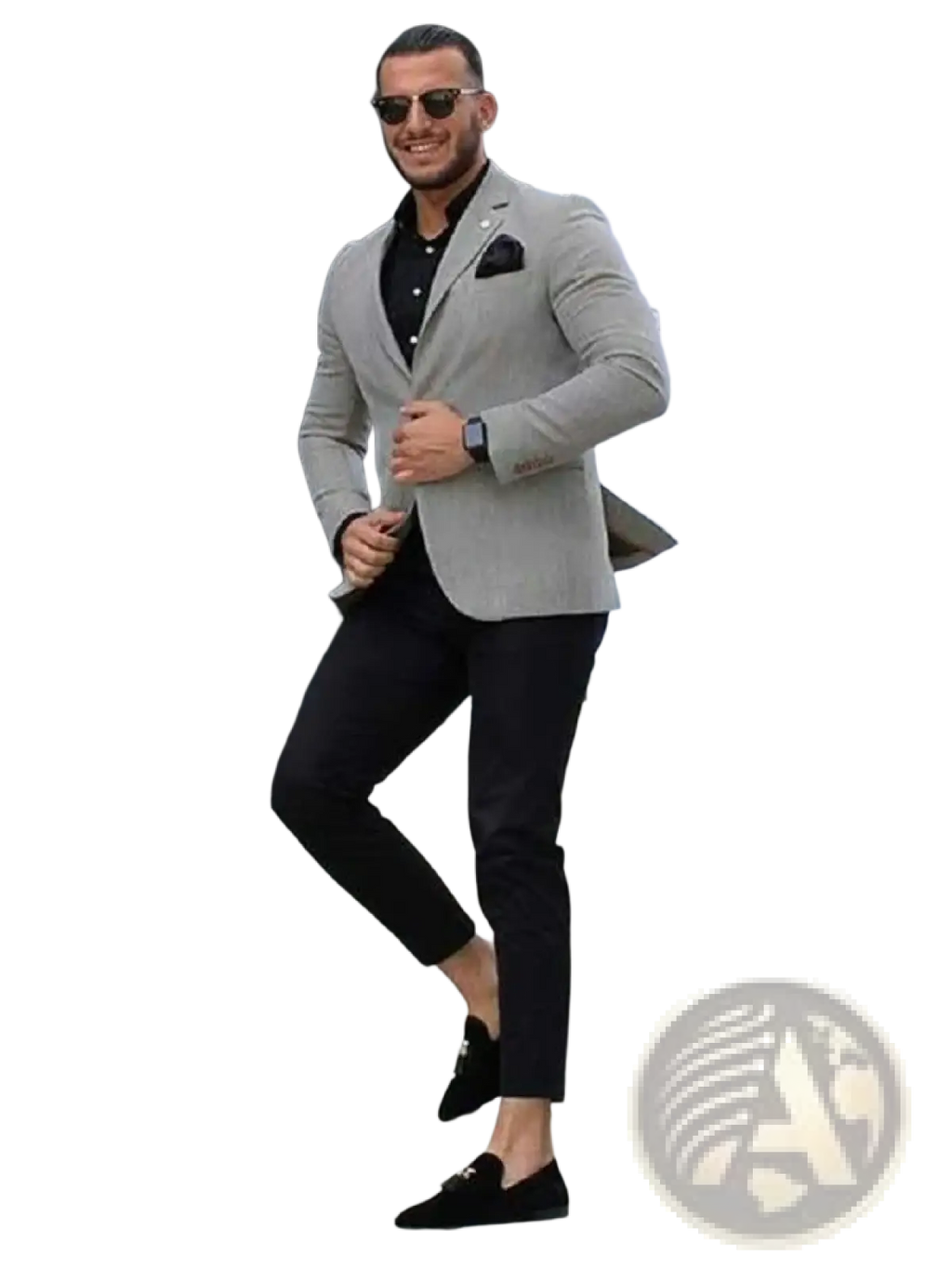 Men slim fit gray business suit set featuring a sleek blazer with subtle textured weave black buttons and matching pocket square