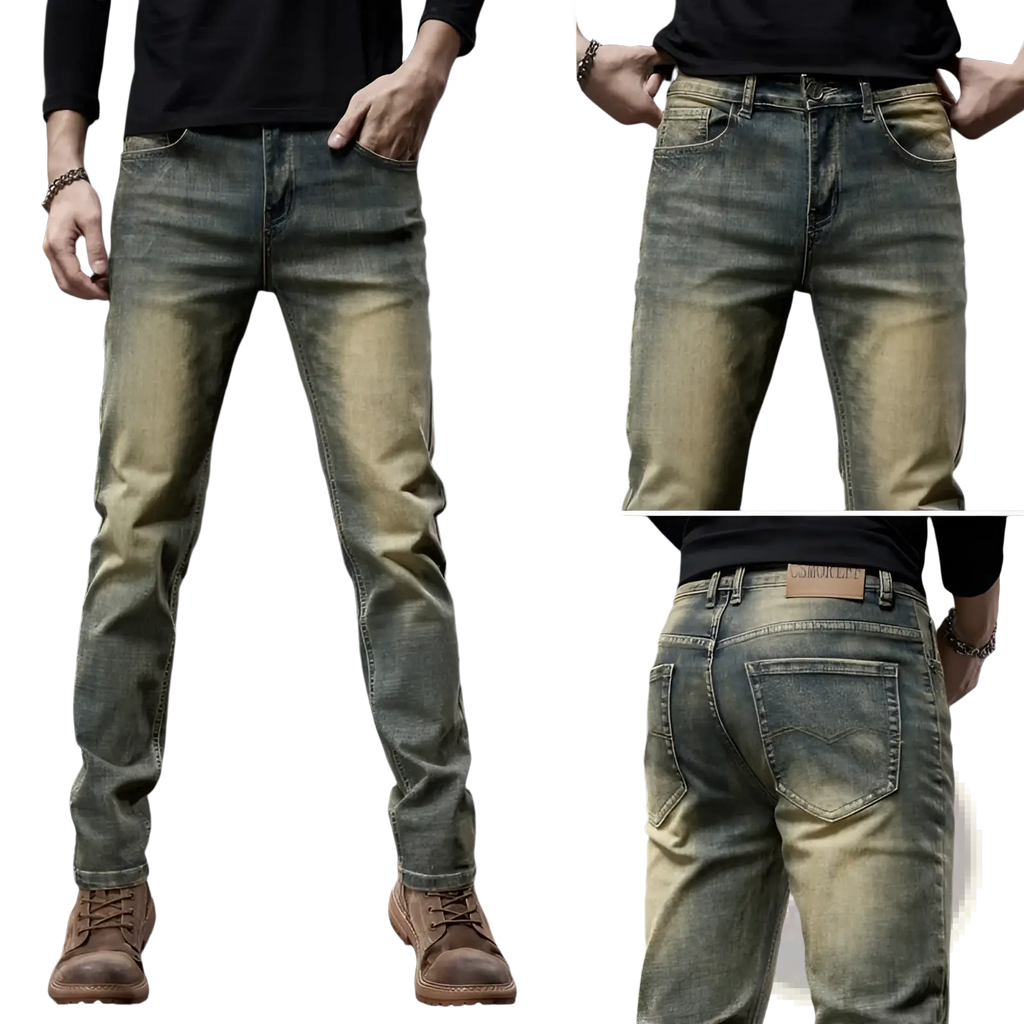 Men slim fit green denim jeans featuring distressed blue denim with faded legs and classic five-pocket design