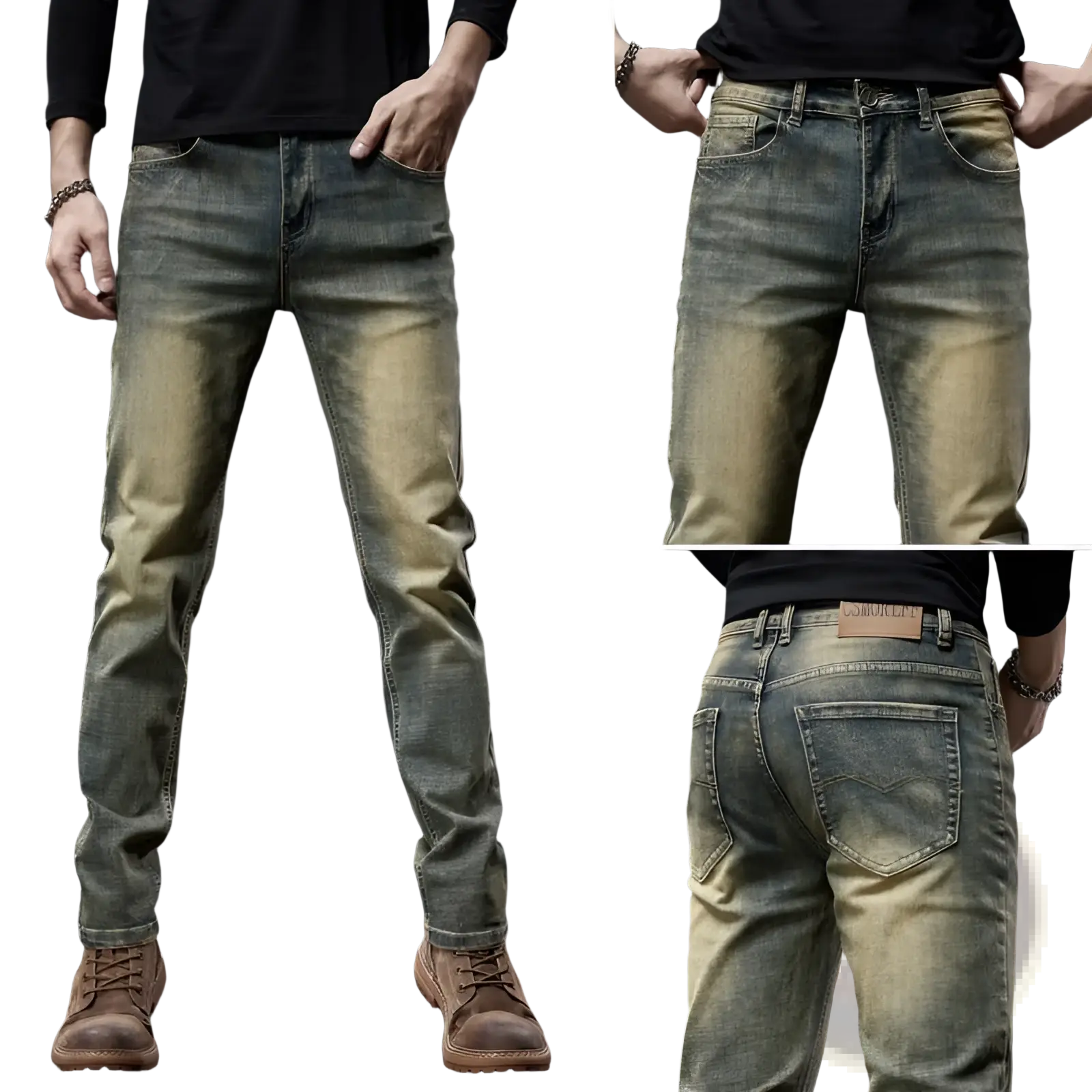 Men slim fit green denim jeans featuring distressed blue denim with faded legs and classic five-pocket design