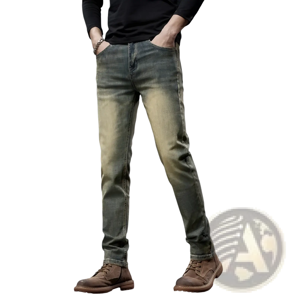 Men slim fit green denim jeans distressed olive green with faded wash and slim fit design in denim material
