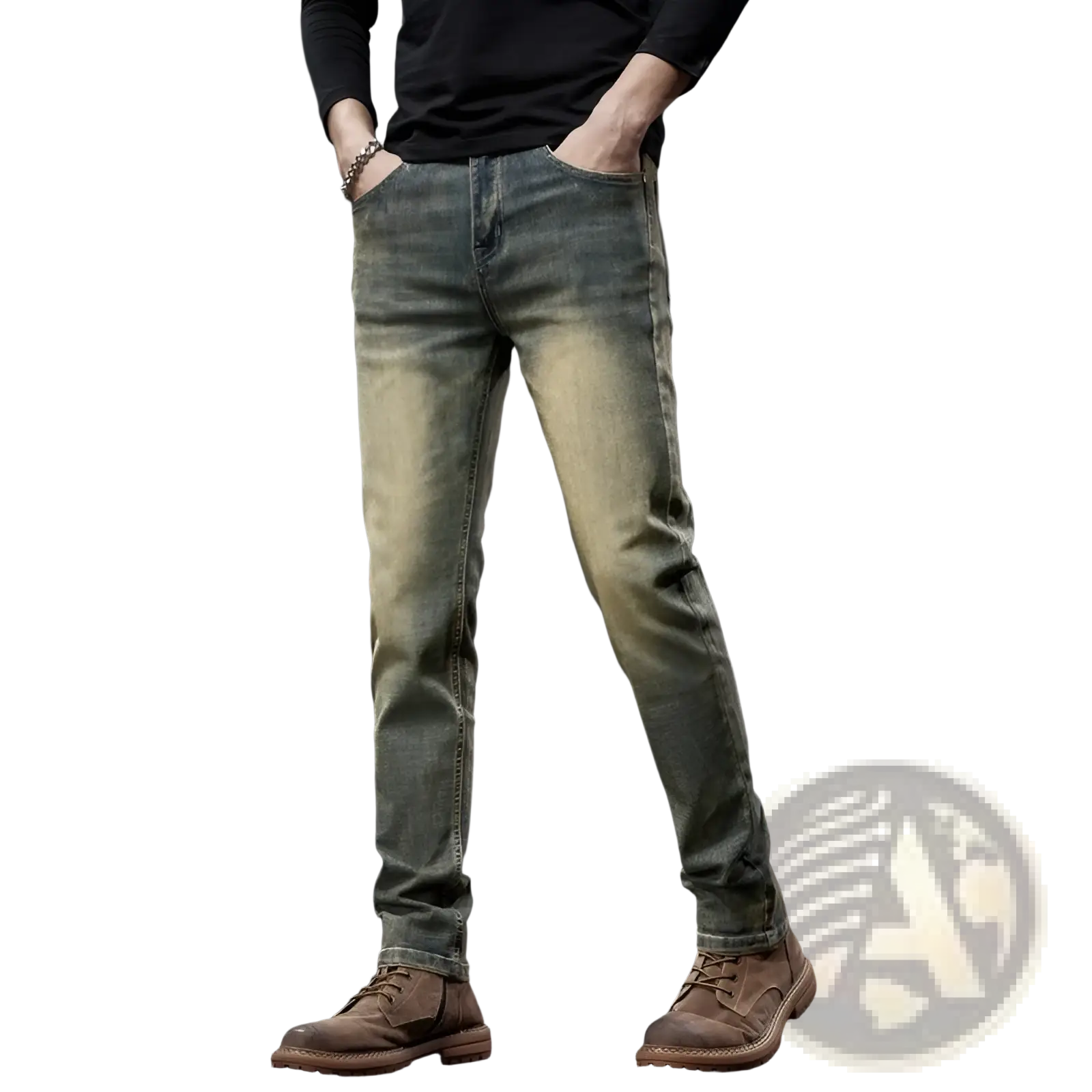 Men slim fit green denim jeans distressed olive green with faded wash and slim fit design in denim material