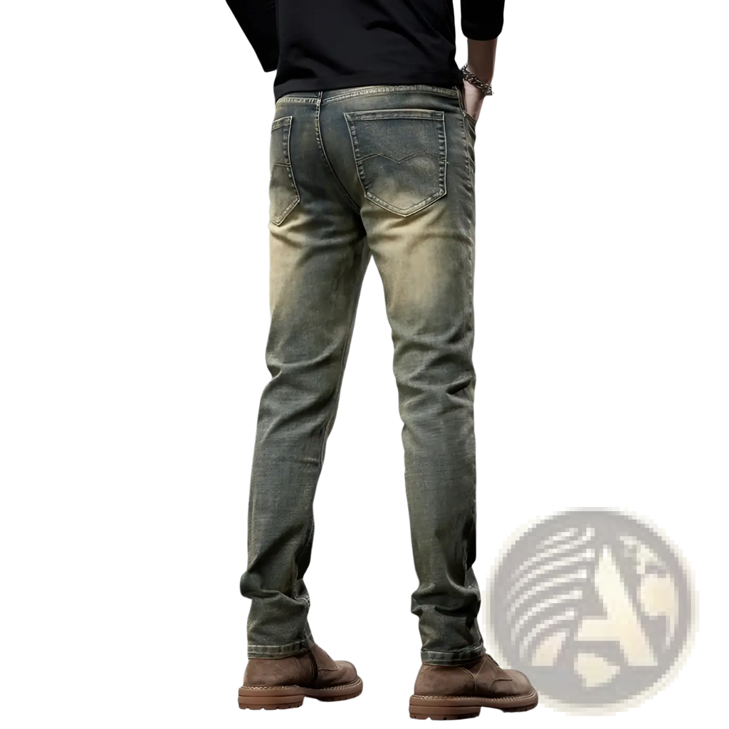 Men slim fit green denim jeans in distressed olive green with a faded wash and slim fit design