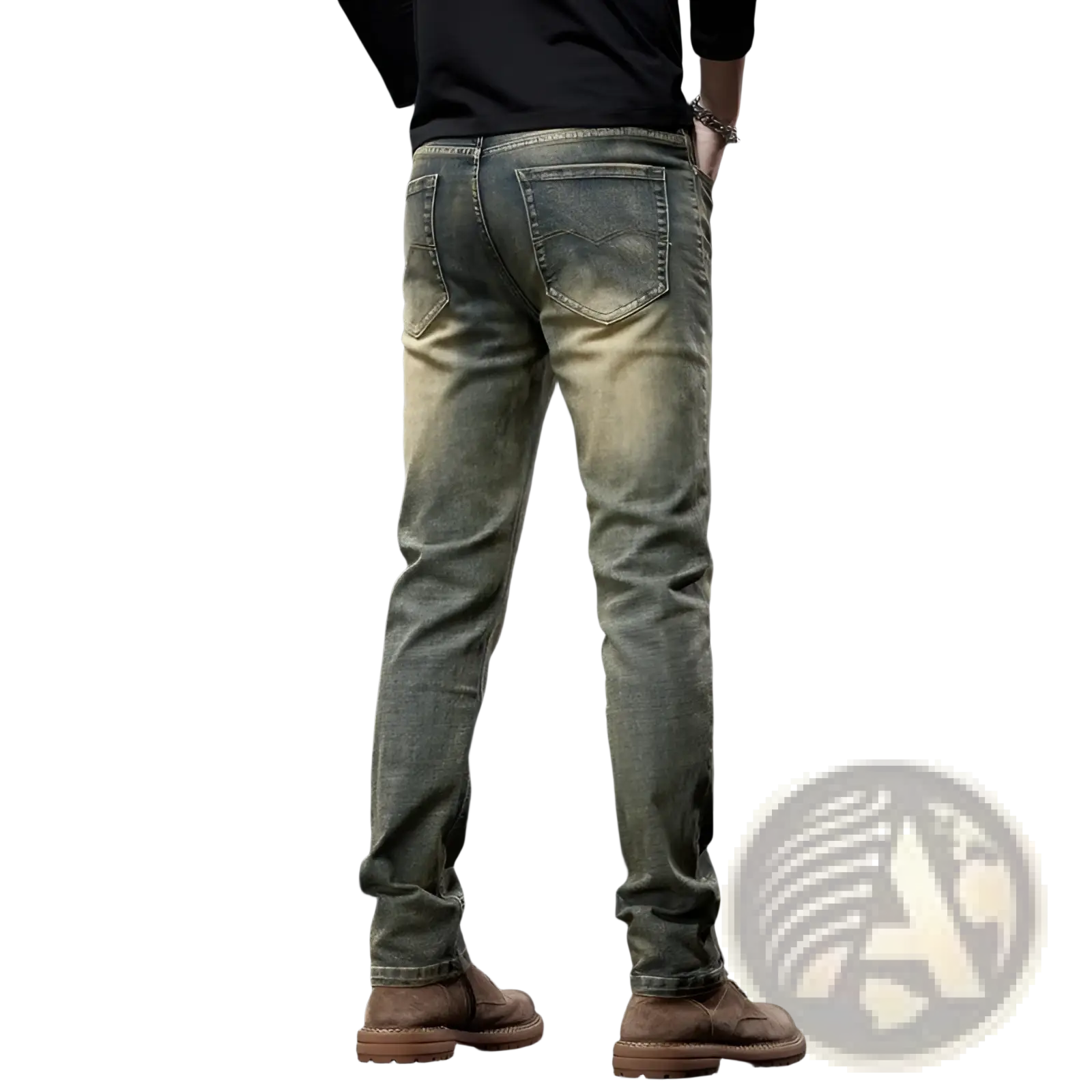 Men slim fit green denim jeans in distressed olive green with a faded wash and slim fit design
