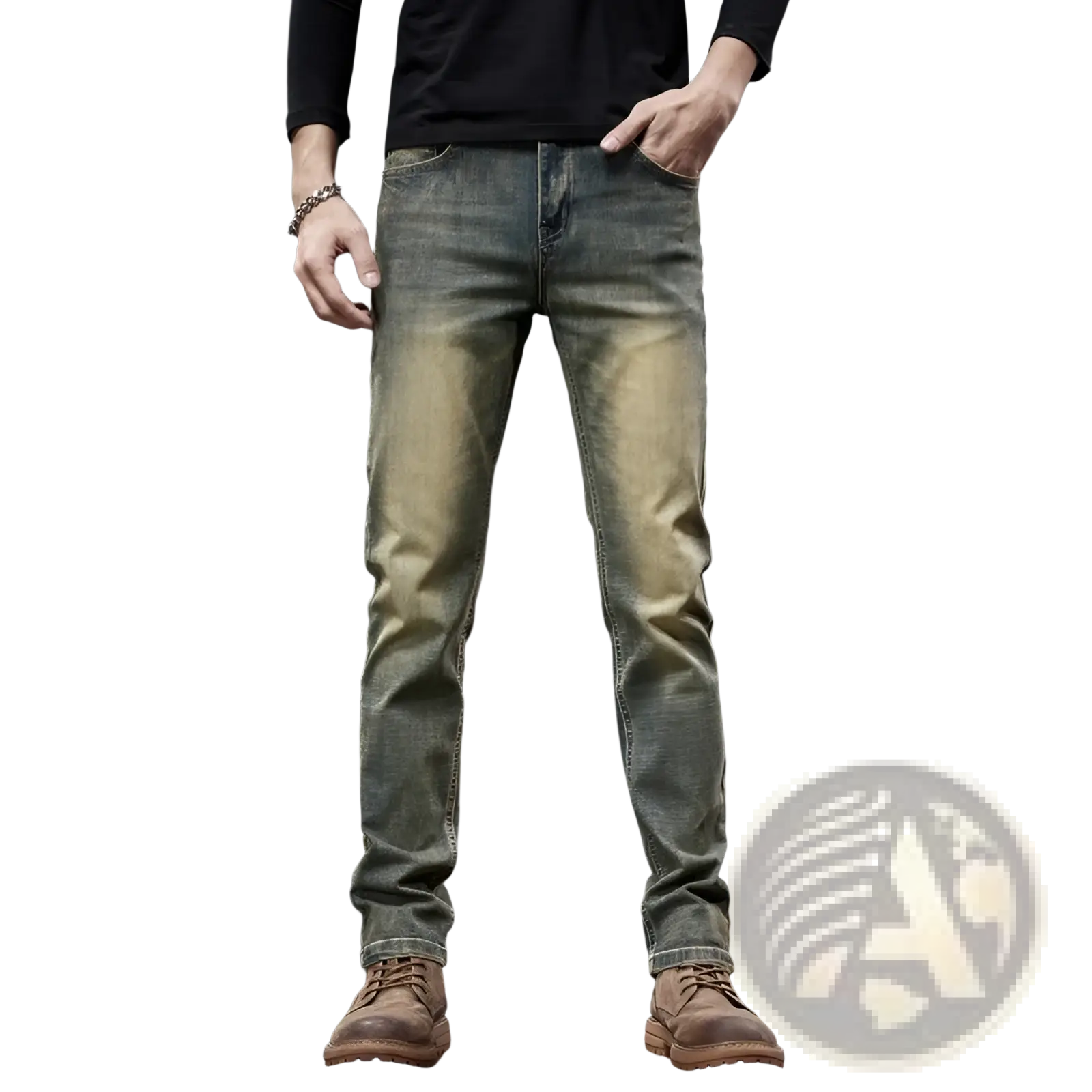 Men slim fit green denim jeans with faded color and classic stitching in slim fit design made of denim material