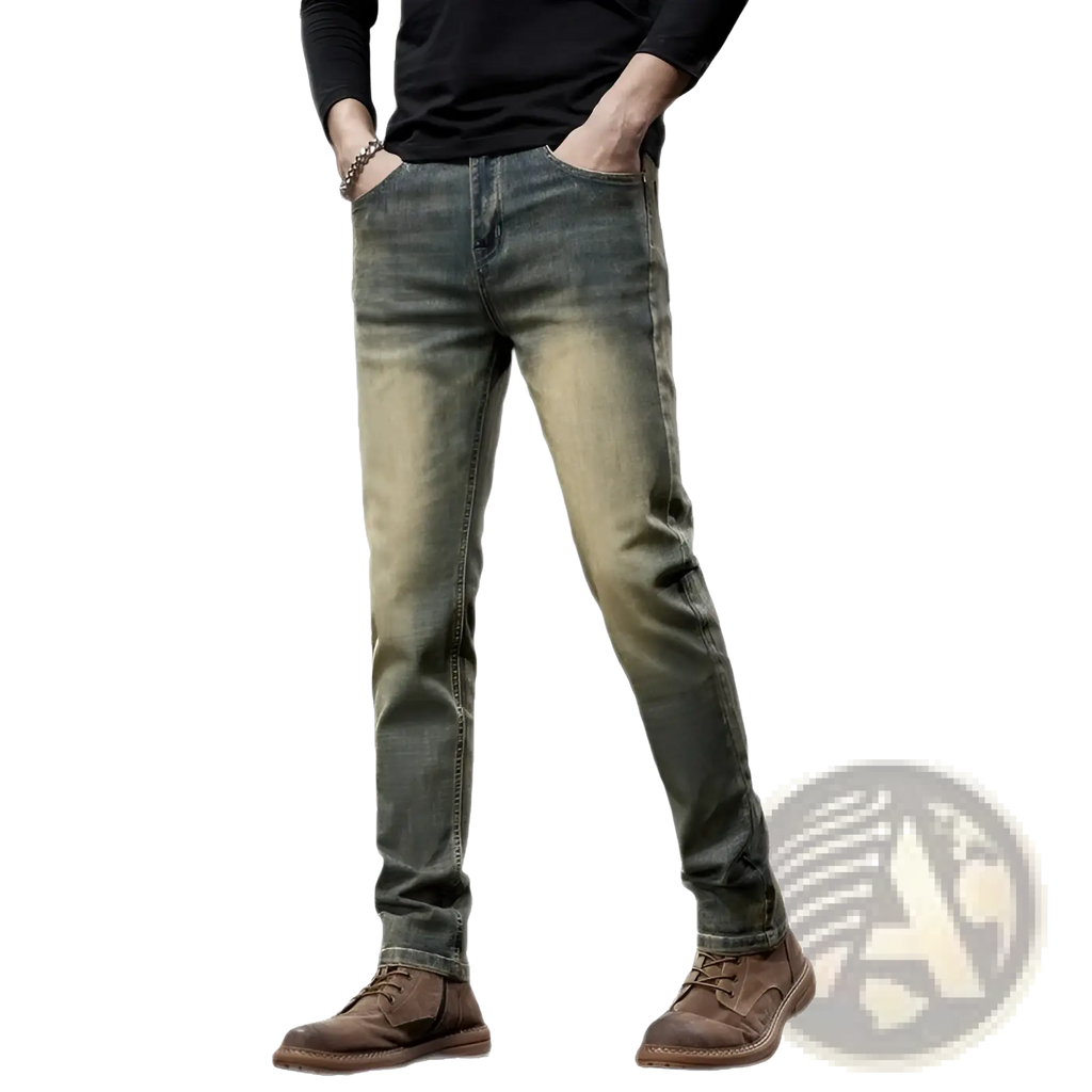 Men slim fit green denim jeans featuring slim-fit faded blue distressed denim with subtle thigh fading