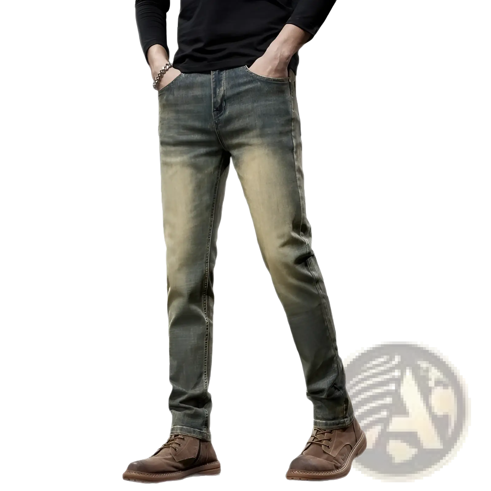 Men slim fit green denim jeans featuring slim-fit faded blue distressed denim with subtle thigh fading