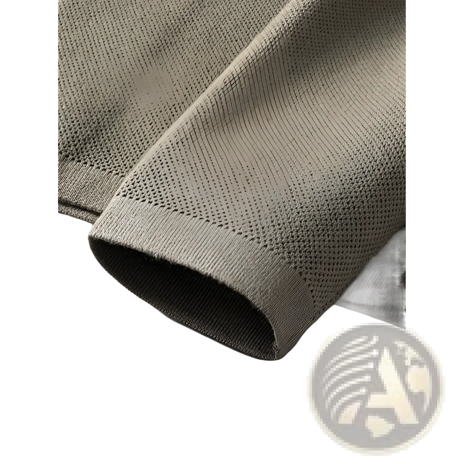 Close-up of the cuff on a men slim fit knit cardigan sweater in olive green featuring a textured mesh pattern and ribbed edge