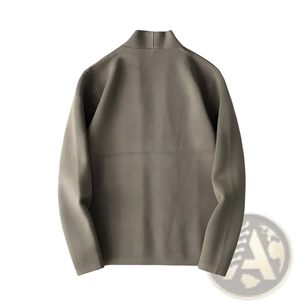 Men slim fit knit cardigan sweater in olive green featuring a subtle textured pattern and a high structured collar