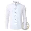 A crisp white men slim fit long sleeve business dress shirt with classic collar and black buttons