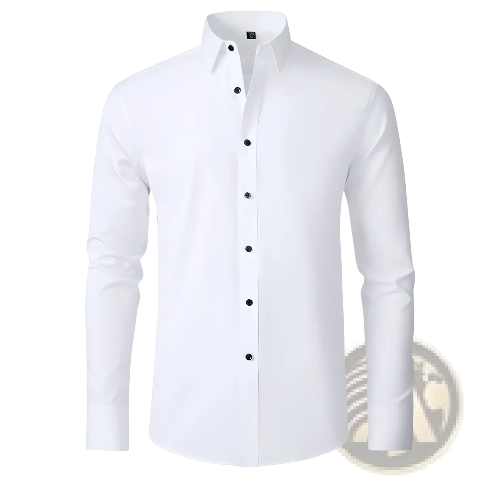 A crisp white men slim fit long sleeve business dress shirt with classic collar and black buttons