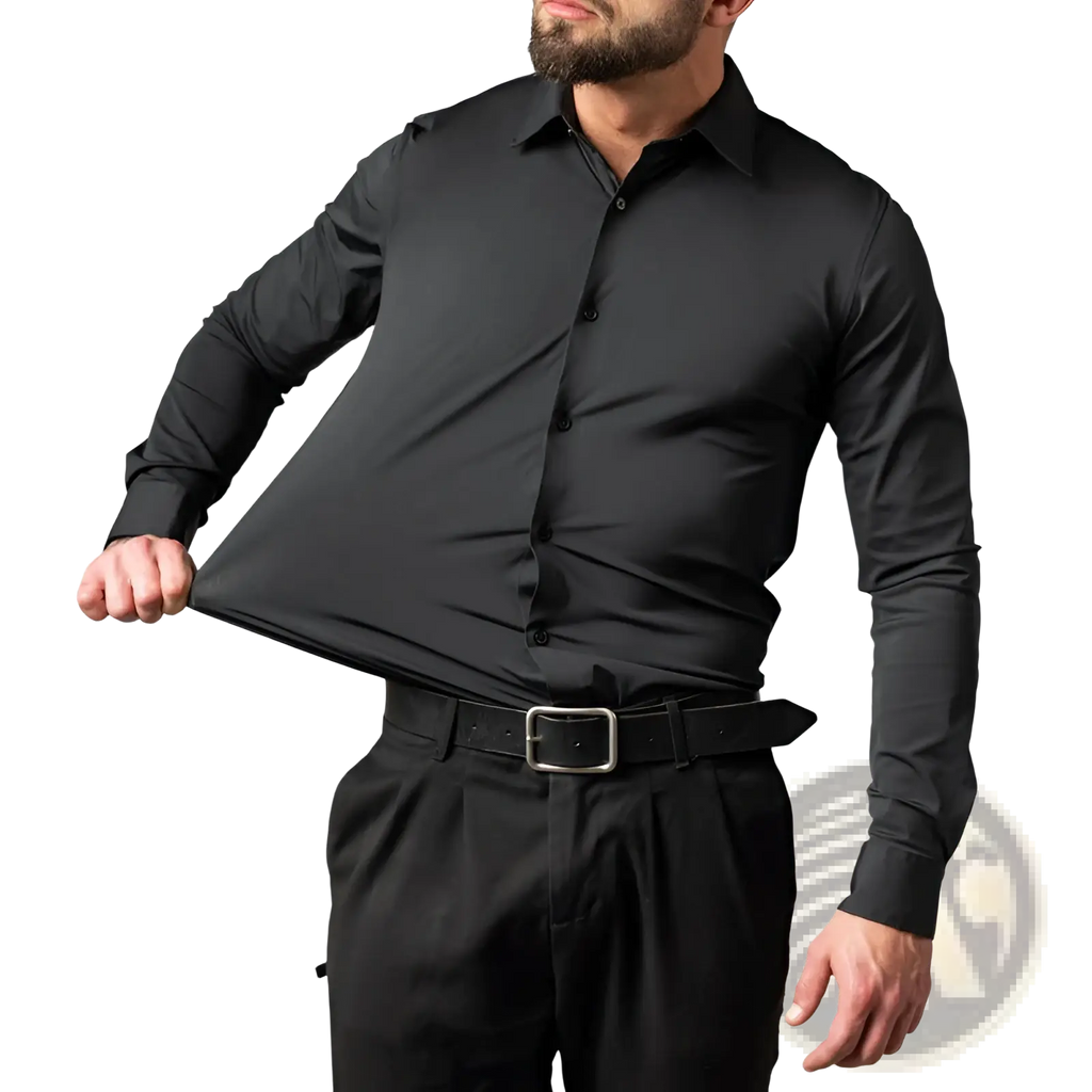 Men slim fit black long sleeve business dress shirt with classic collar and button-down front for formal occasions