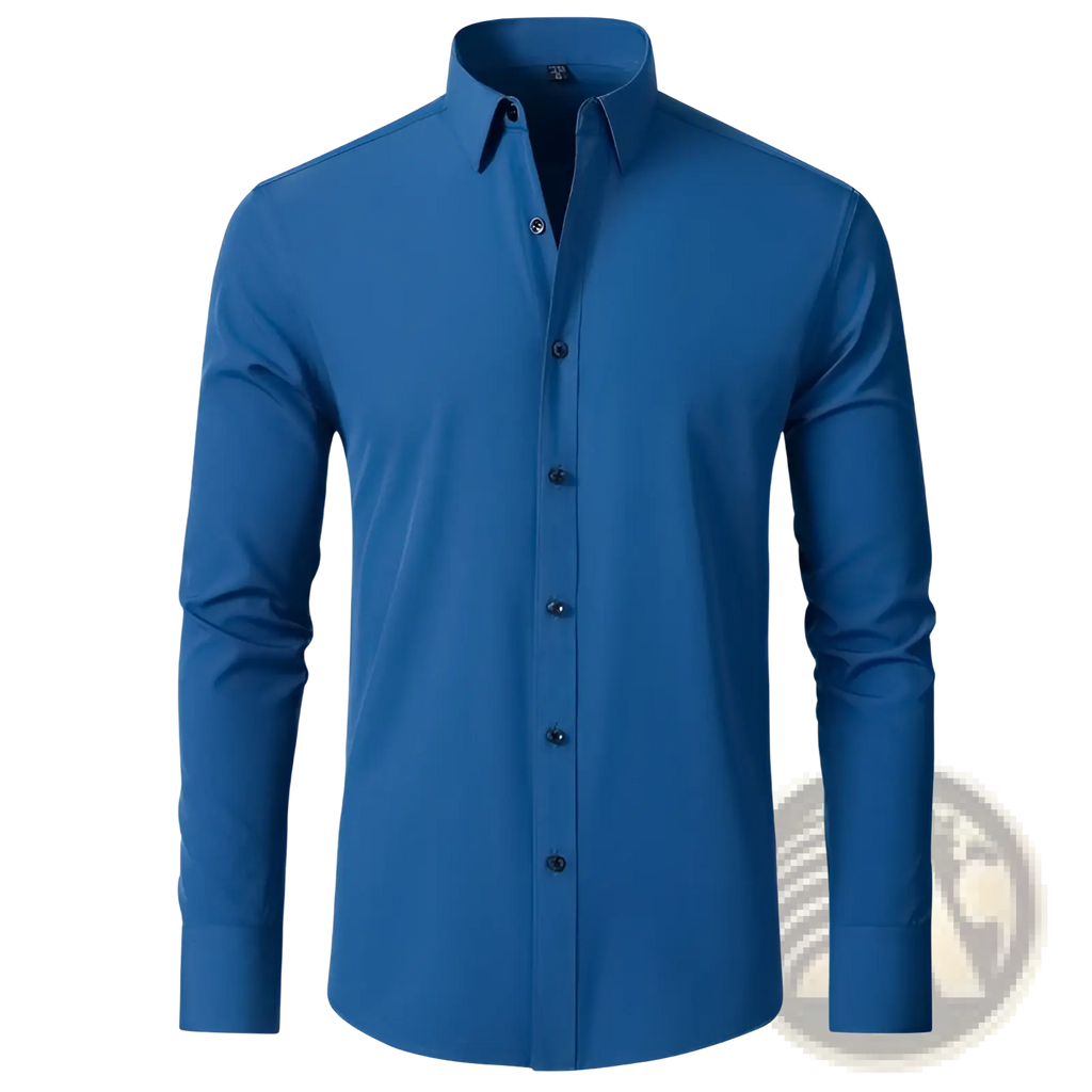 Men slim fit long sleeve business dress shirt in royal blue with a crisp collar and matching dark buttons