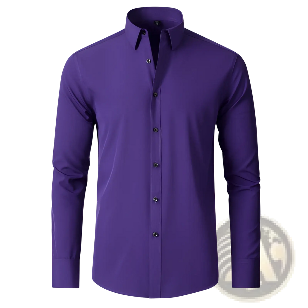 Men slim fit long sleeve business dress shirt in sleek solid purple with classic collar and black buttons