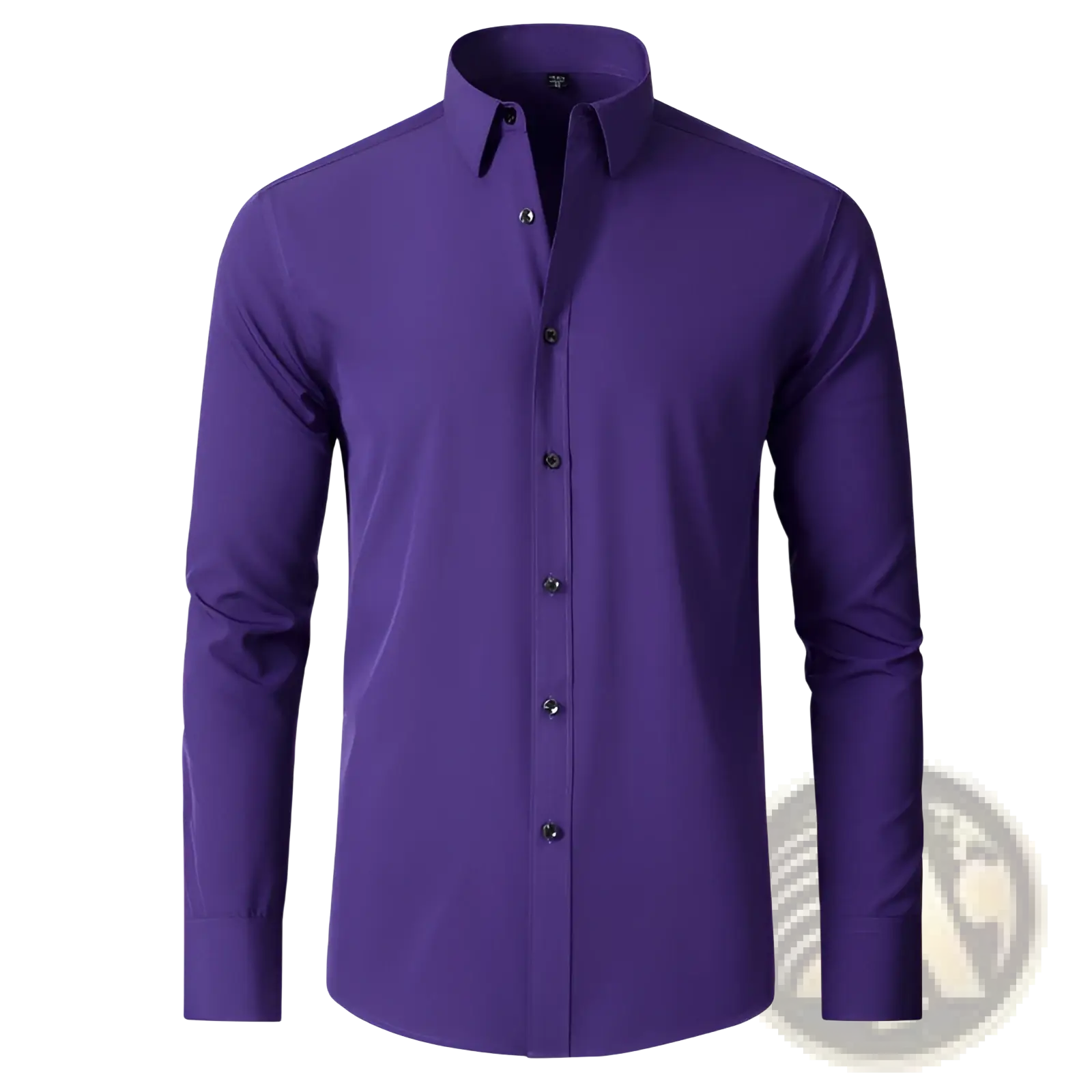 Men slim fit long sleeve business dress shirt in sleek solid purple with classic collar and black buttons