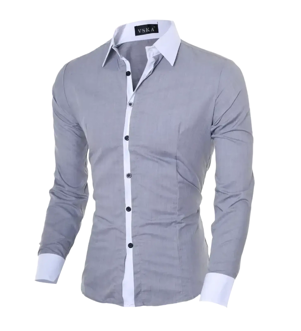 Men slim fit long sleeve casual patchwork shirt in gray and white with a crisp collar and contrasting black buttons