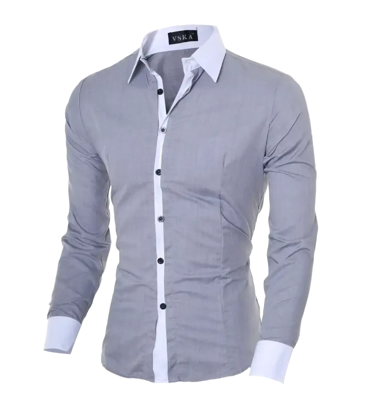 Men slim fit long sleeve casual patchwork shirt in gray and white with a crisp collar and contrasting black buttons