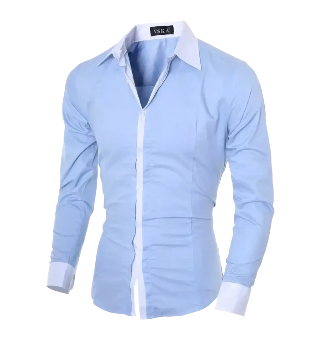 Men slim fit long sleeve casual patchwork shirt in light blue with white collar and cuffs for formal or casual wear