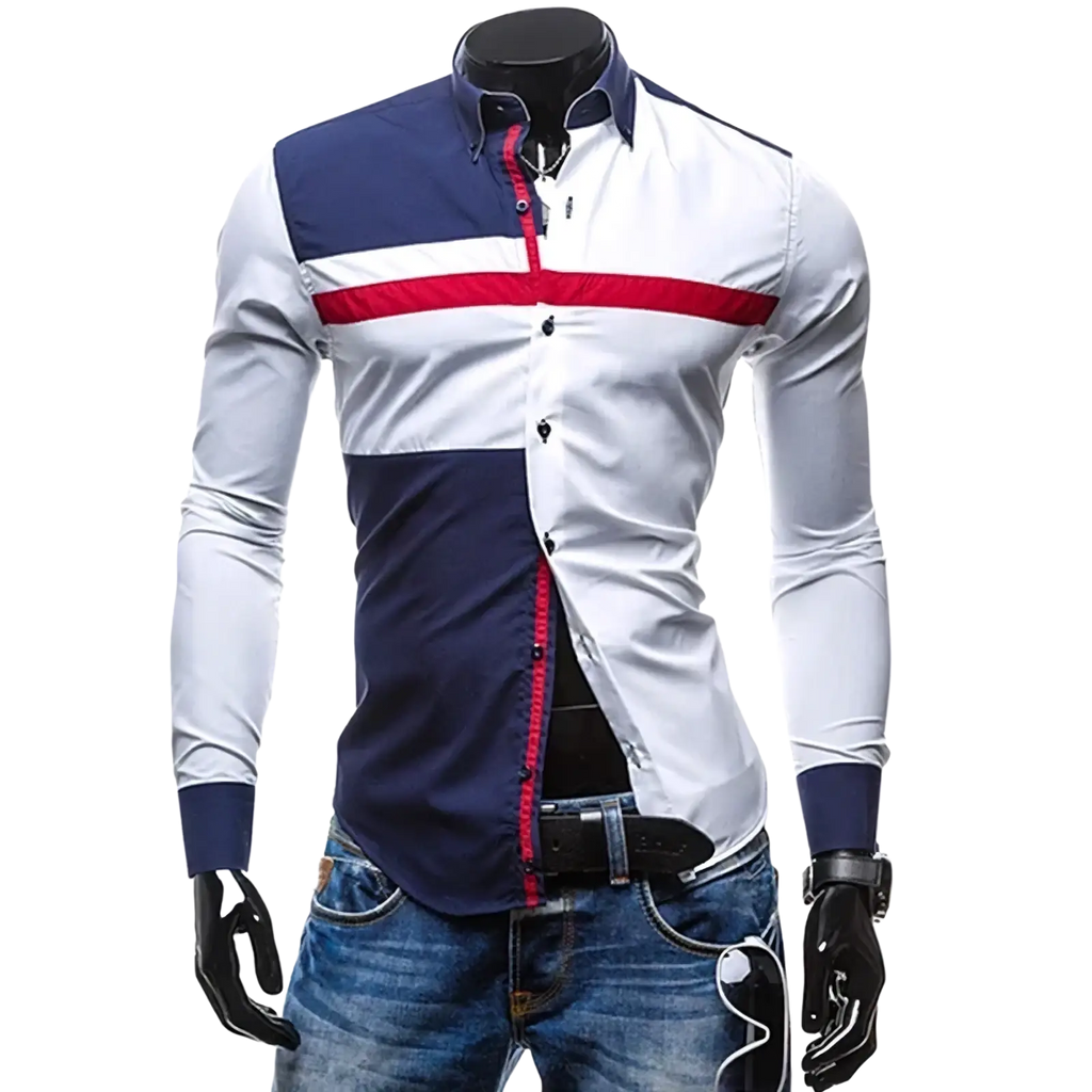 Men slim fit long sleeve casual patchwork shirt with color-block design in white navy blue and red accents