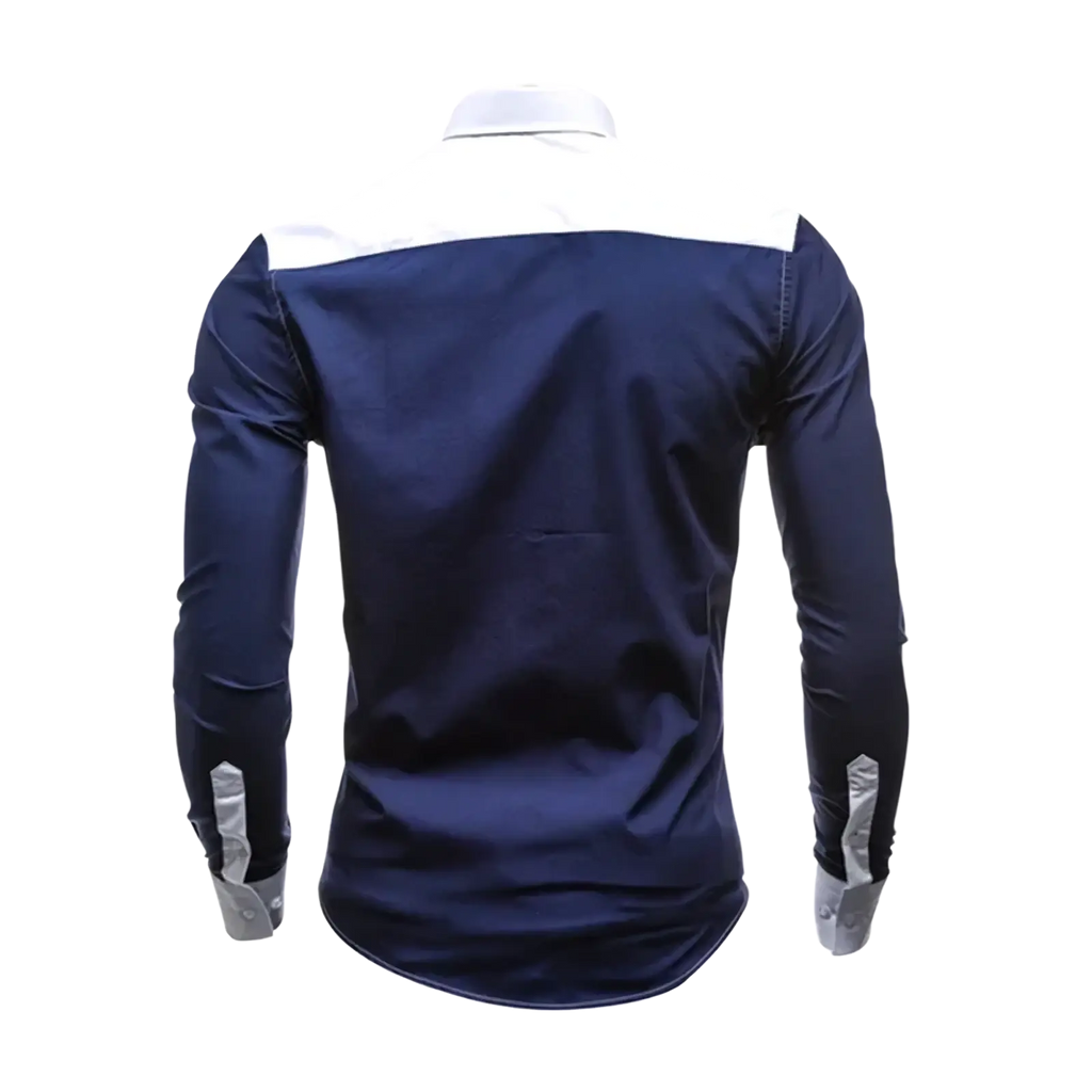 Men slim fit long sleeve casual patchwork shirt in navy blue with white collar and silver cuff accents