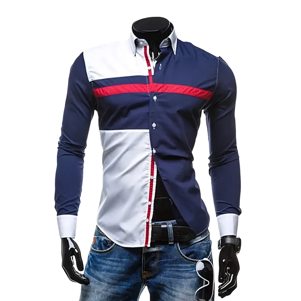 Men slim fit long sleeve casual patchwork shirt in navy blue white and red color block with contrasting trim