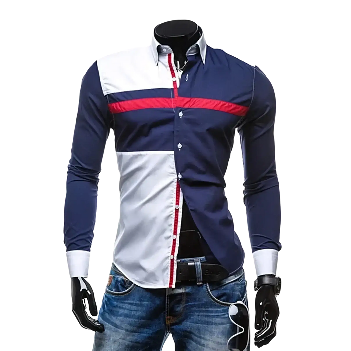 Men slim fit long sleeve casual patchwork shirt in navy blue white and red color block with contrasting trim
