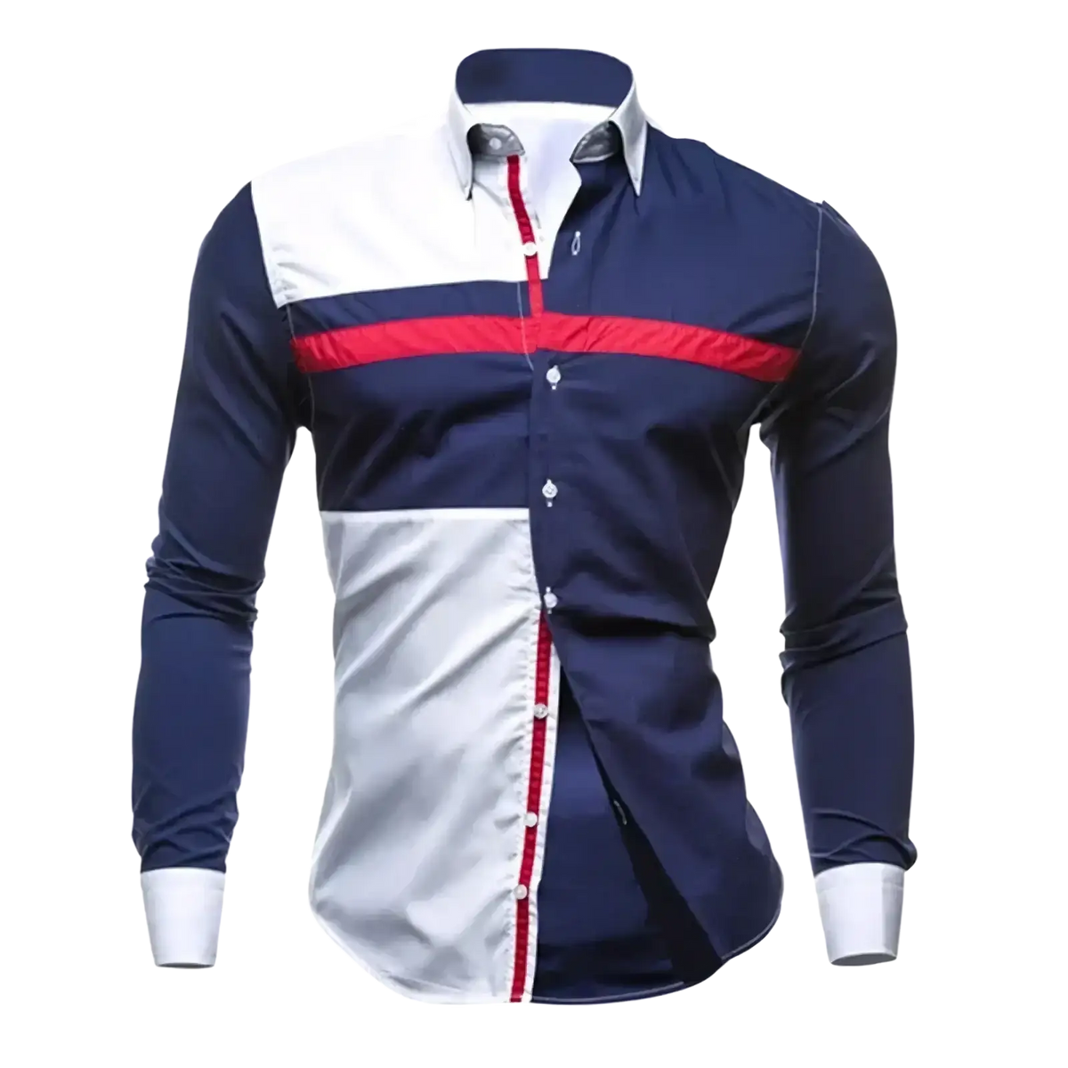 Men slim fit long sleeve casual patchwork shirt in navy blue white and red with contrasting trim