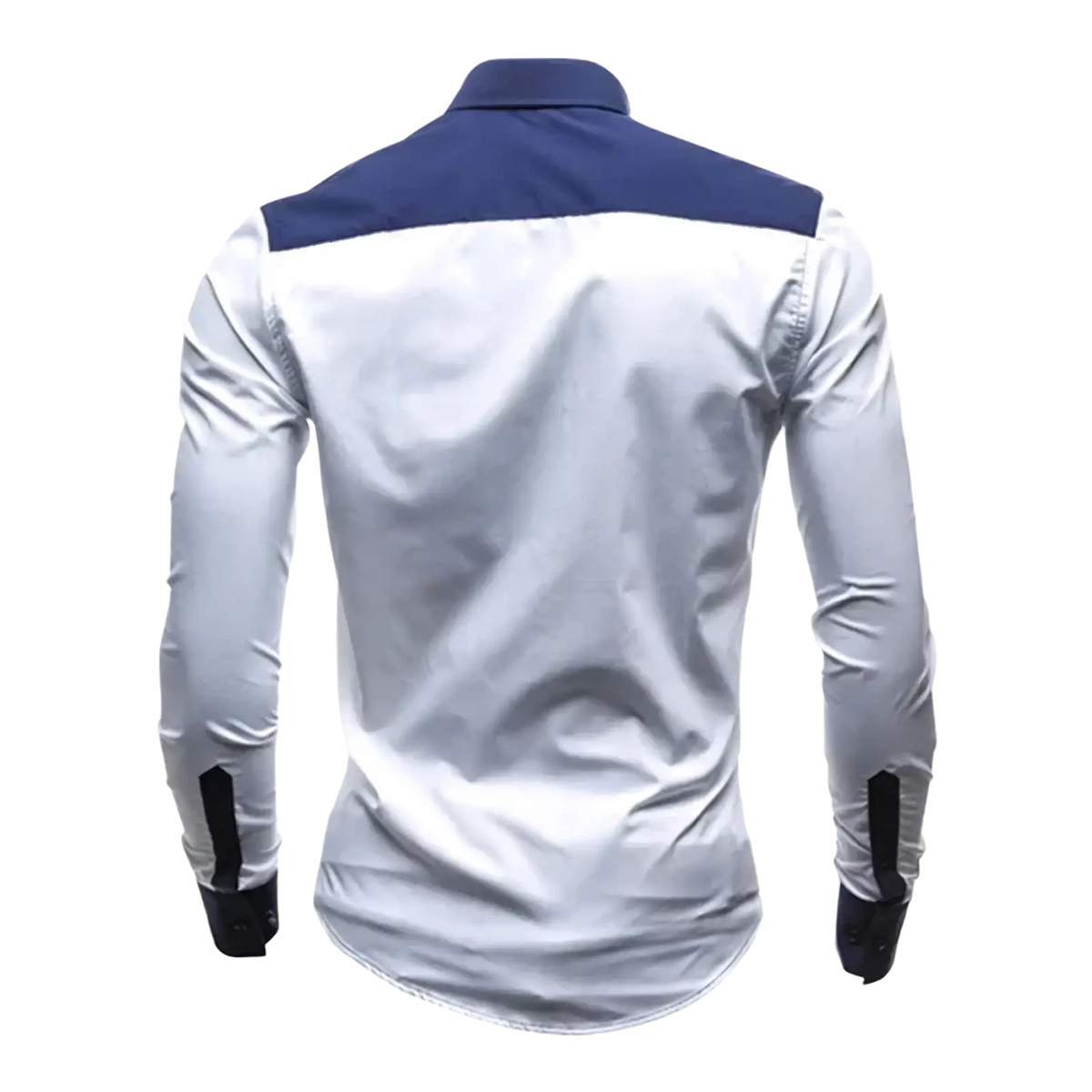 Men slim fit long sleeve casual patchwork shirt in white with navy blue accents and black trim on cuffs